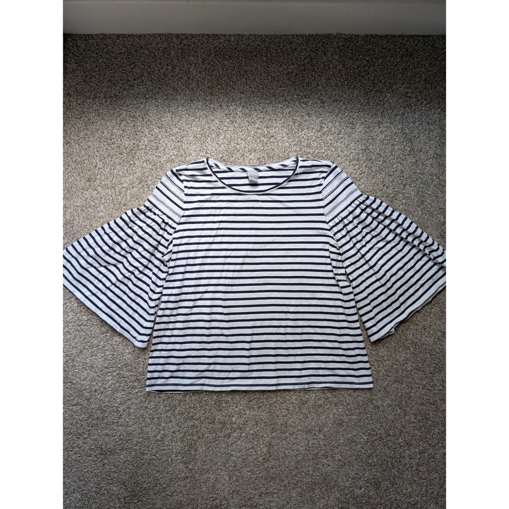 Chico's Striped Top Women's XL Navy White Smocked Bell Sleeve Preppy Coastal